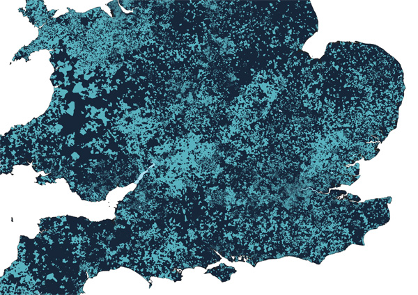 A map depicting postcodes in the South of England where there are fibre networks in the street but not in the property